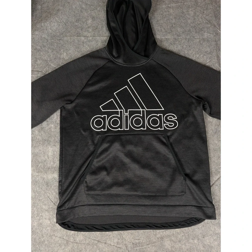 Adidas Mens Climalite Pullover Hoodie Black‎ White Logo Graphic Sweatshirt L